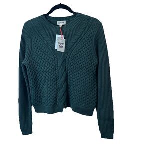Open Edit Nordstrom Cilantro Green Cable Knit Fisherman Crop Sweater Womens Sz S